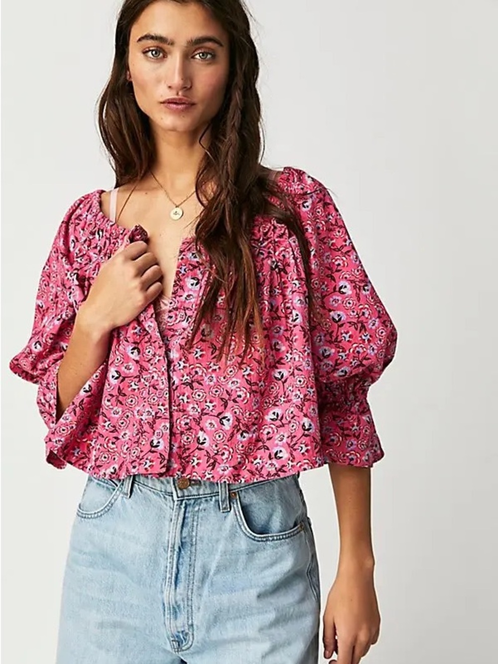Free People NWOT Pink Floral Puff Sleeve Crop Top 100% Cotton Boho Size S